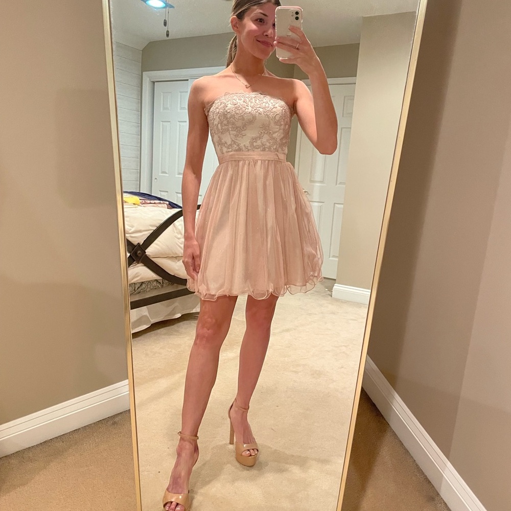 Hailey Logan Strapless Lace Cocktail Dress